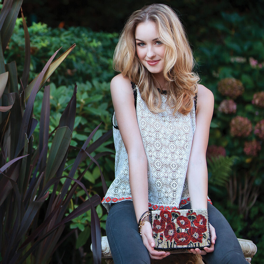 Mary Frances Poppies Red Special Flower Magnet Handbag Beaded Bag Purse Beige NW